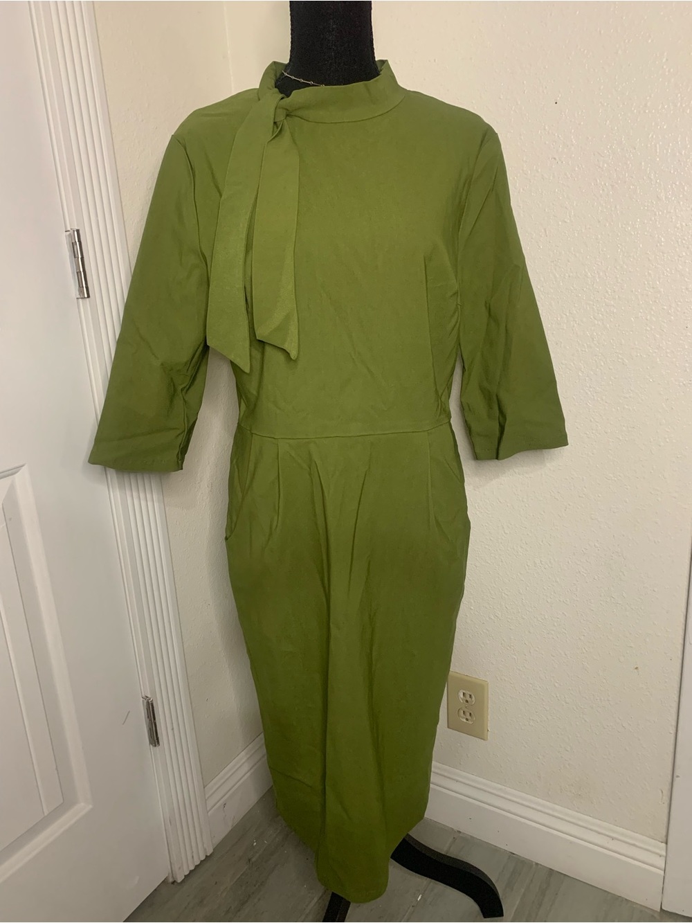 Olive Green Long-Sleeve Tie-Neck Dress